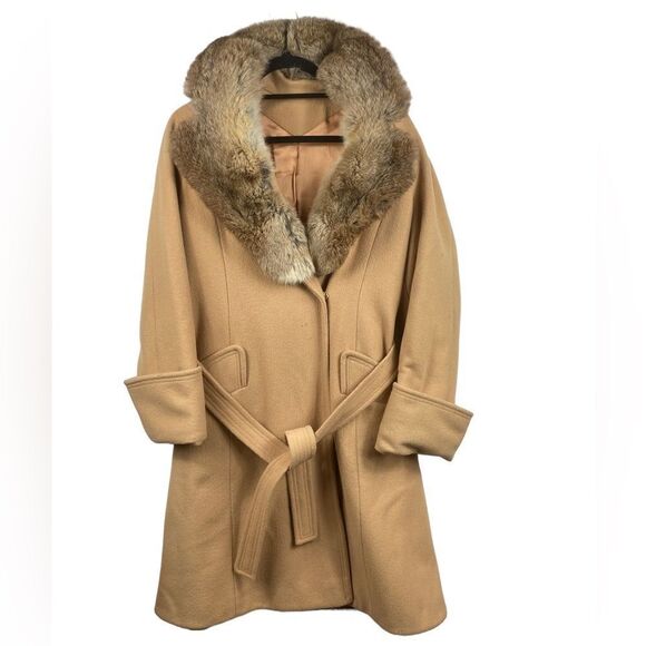 Jackie Stuart Juniors Wm’s Sz Sm Tan Wool Fur Collar Lined Tie Long Dress Coat - Picture 1 of 9